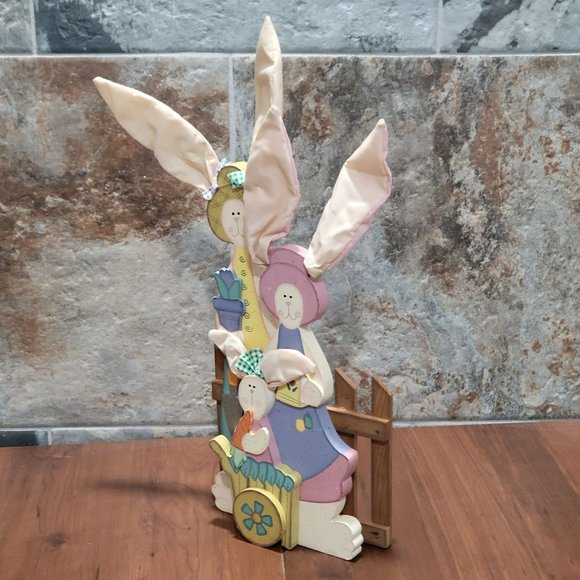 Easter Decor Wooden Three Bunny Rabbts Cloth Ears - Picture 6 of 13